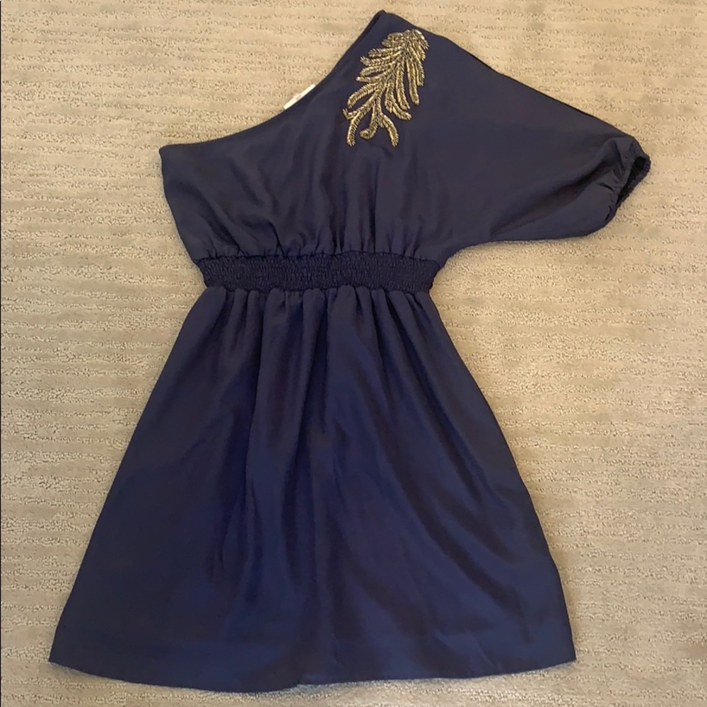 Navy and gold off the shoulder dress